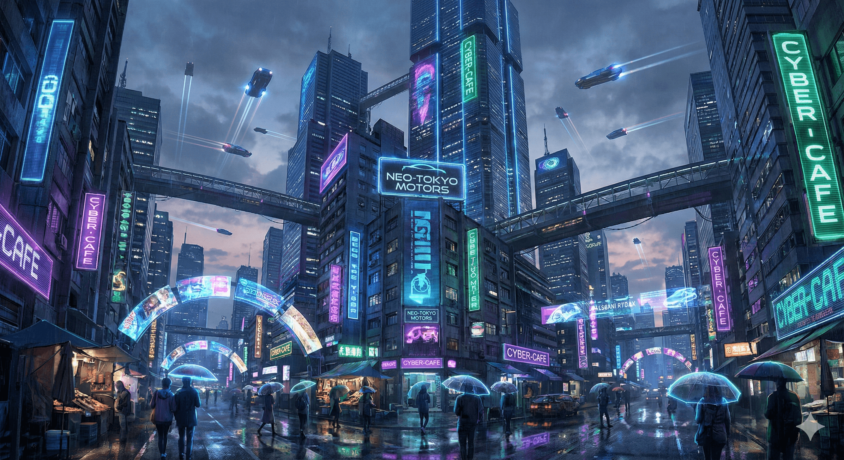 Futuristic cyberpunk city with flying cars